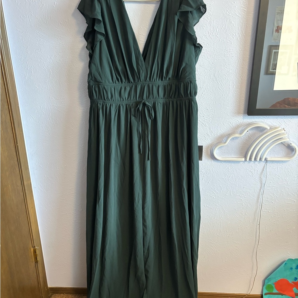 Deep Green Flutter Sleeve Maxi Dress with Waist Tie